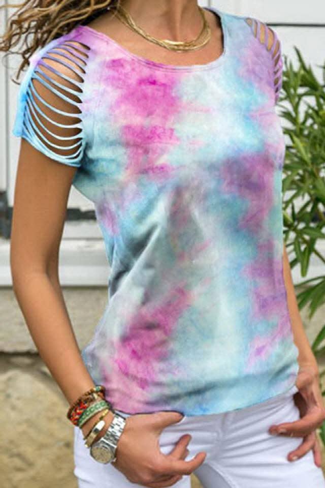 Suzie Q USA – wholesale Knit top – Women's – Tie Dye Slit Cutout Fashion Short Sleeve Top4