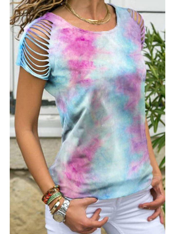 Suzie Q USA - Wholesale Knit Top - Women's - Tie Dye Slit Cutout Fashion Short Sleeve Top4