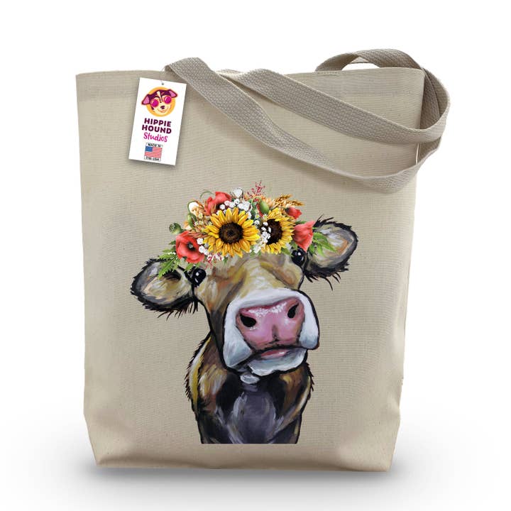 Cow Tote Bag - Colorful Sunflower Cow 'Hazel' Tote Bag for wholesale by Hippie Hound Studios