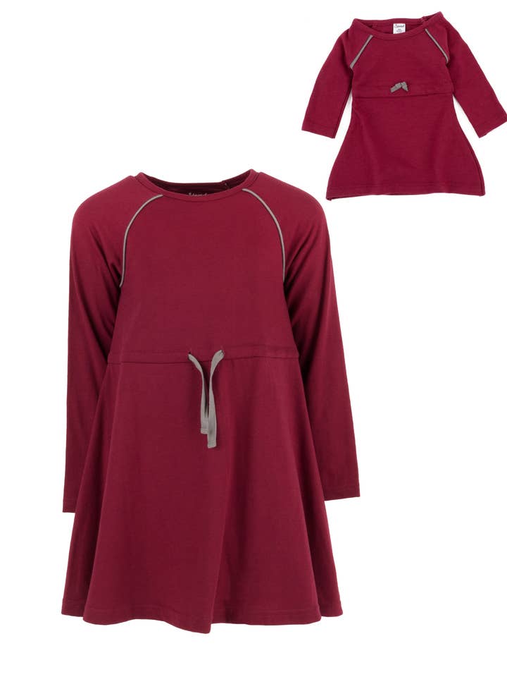 Kids Girl & Doll Drawstring Dress Maroon for wholesale by Leveret Pajamas