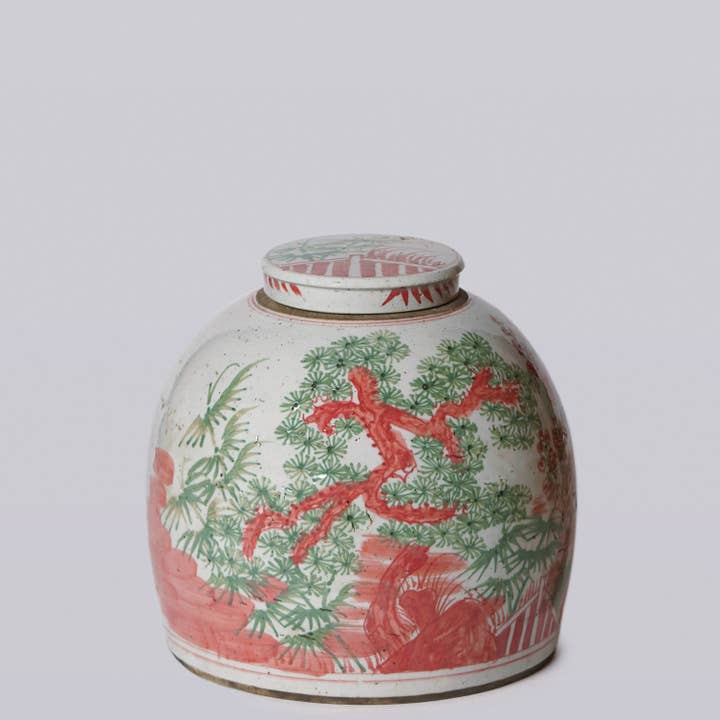 Jarra grande con tapa de porcelana rústica rosa y verde Tres Amigos para venta al por mayor de Cobalt Guild