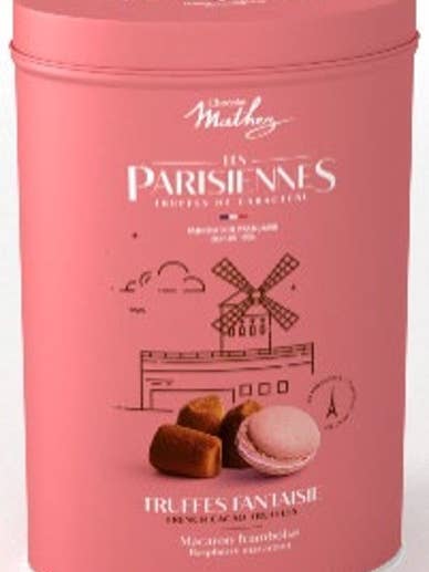 Mathez · Cocoa-powdered truffles raspberry macaroon tin for wholesale by French Feast