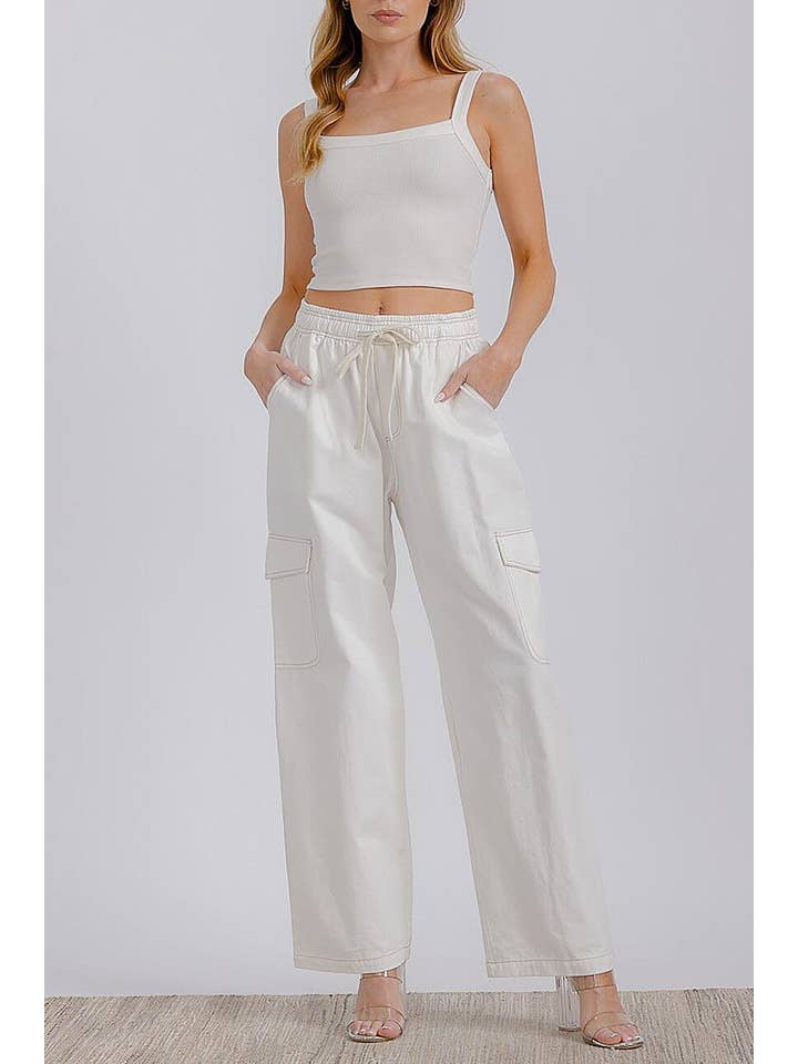 ROUSSEAU - Wholesale Pants - Women's - ELASTIC WAIST CARGO POCKETS WIDE LEG DENIM PANTS