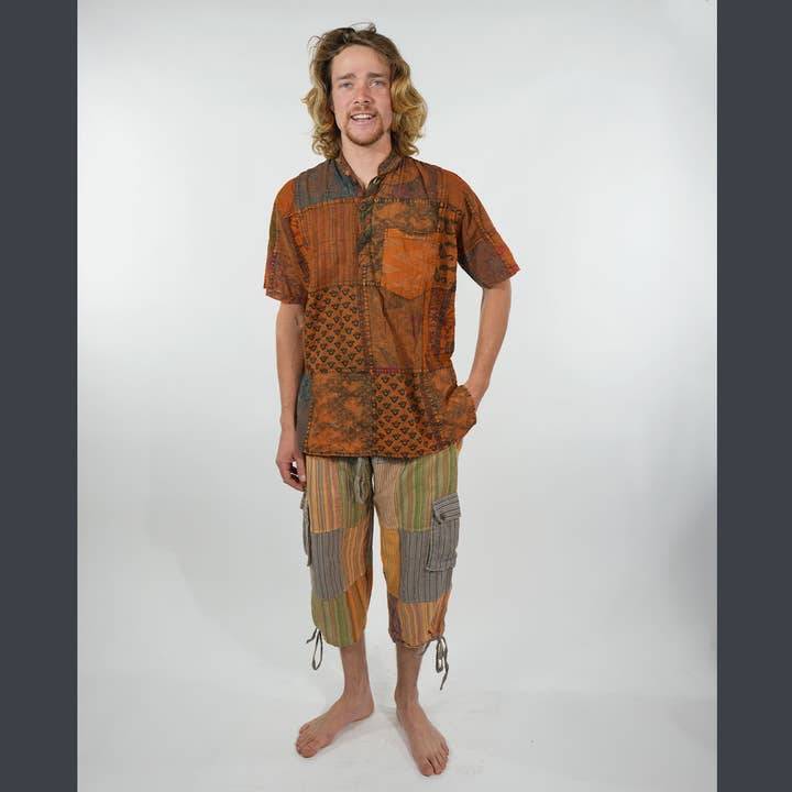 Jaypuri Patchwork Overdyed Cotton Men’s Hippie Shirt for wholesale by Jayli Clothing