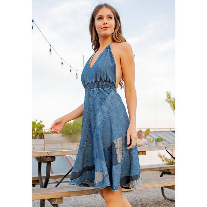 Young Threads - Wholesale Dress - Women's - Halter Neck BabyDoll Western Dress Asymmetrical Patch Bottom