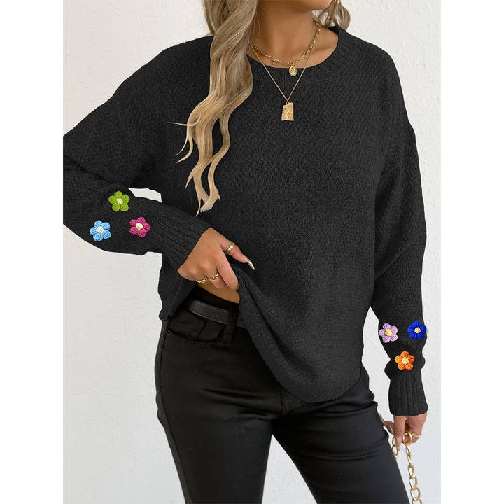 UNISHE - Wholesale Knit Sweater - Women's - Hand-Crocheted Floral Patchwork Round Neck Sweater OYM2534