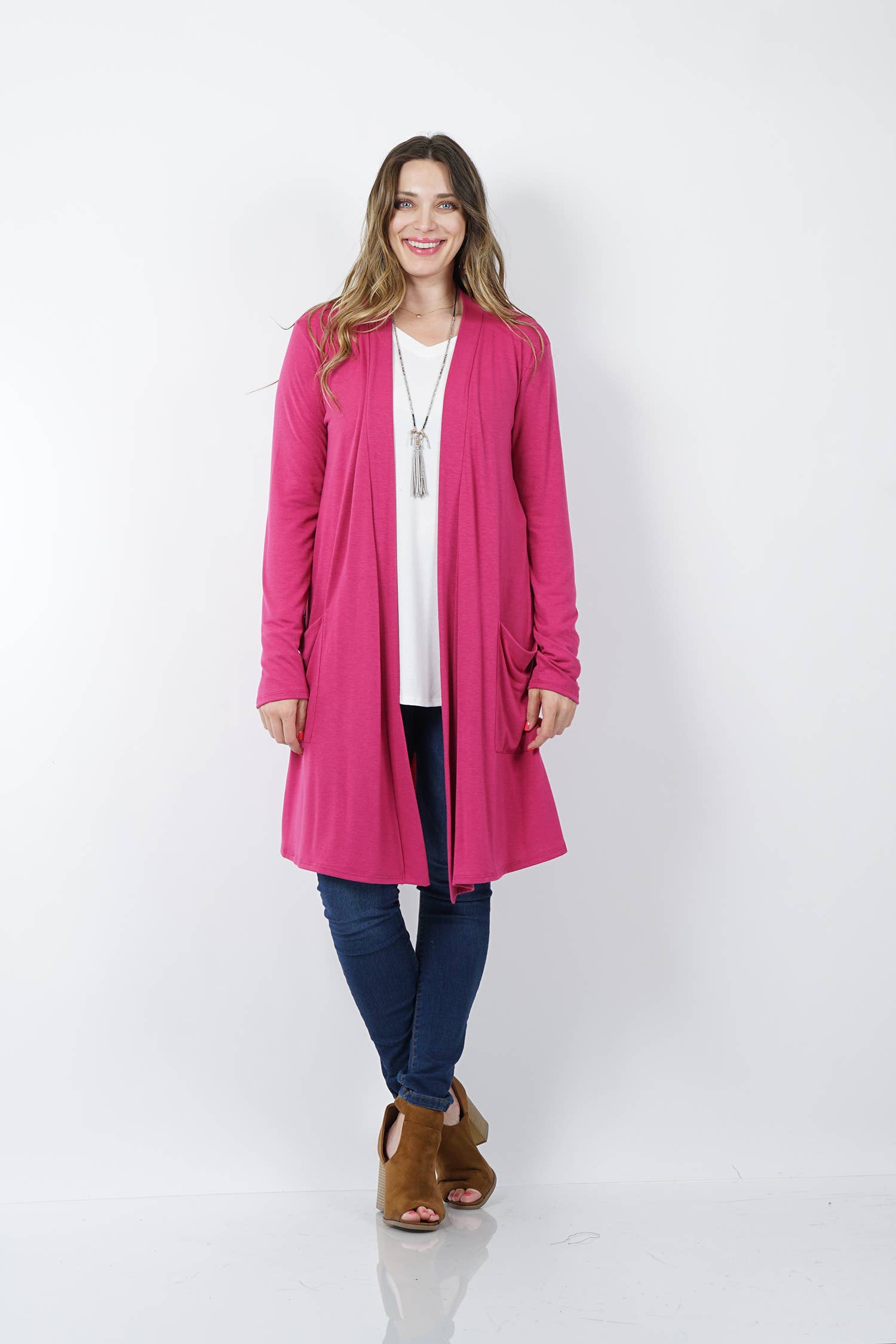 42POPS - Wholesale Cardigan - Women's - ..SI-7552 Plus Knee Length Slouchy Pocket Open Cardigan2