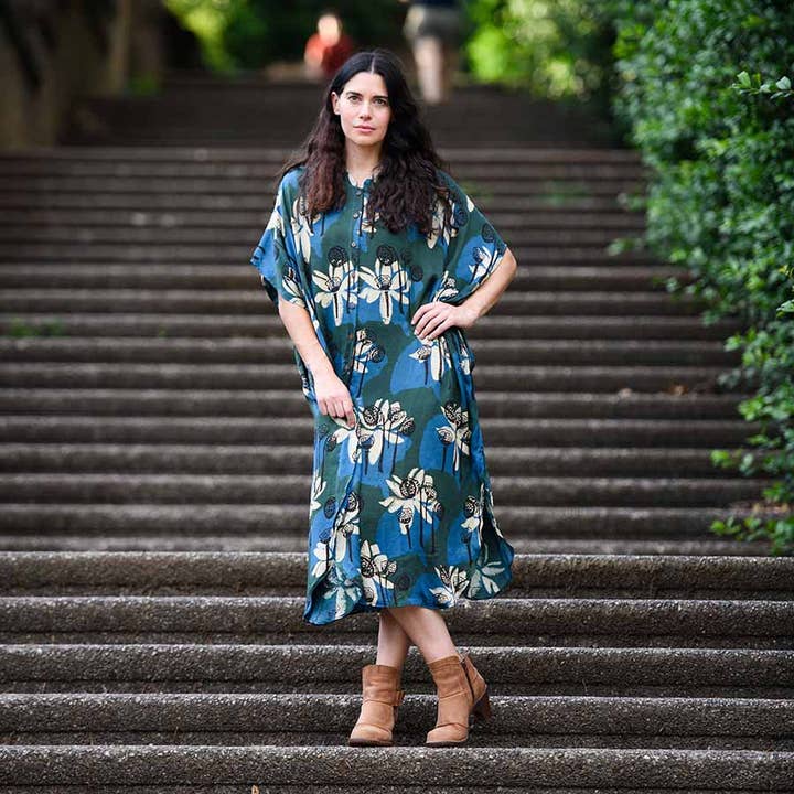 Ichcha - Vendita all'ingrosso Vestito - Donna - Abito a stampa blocchi indaco morbido e lussuoso caftano - WHITE LOTUS2