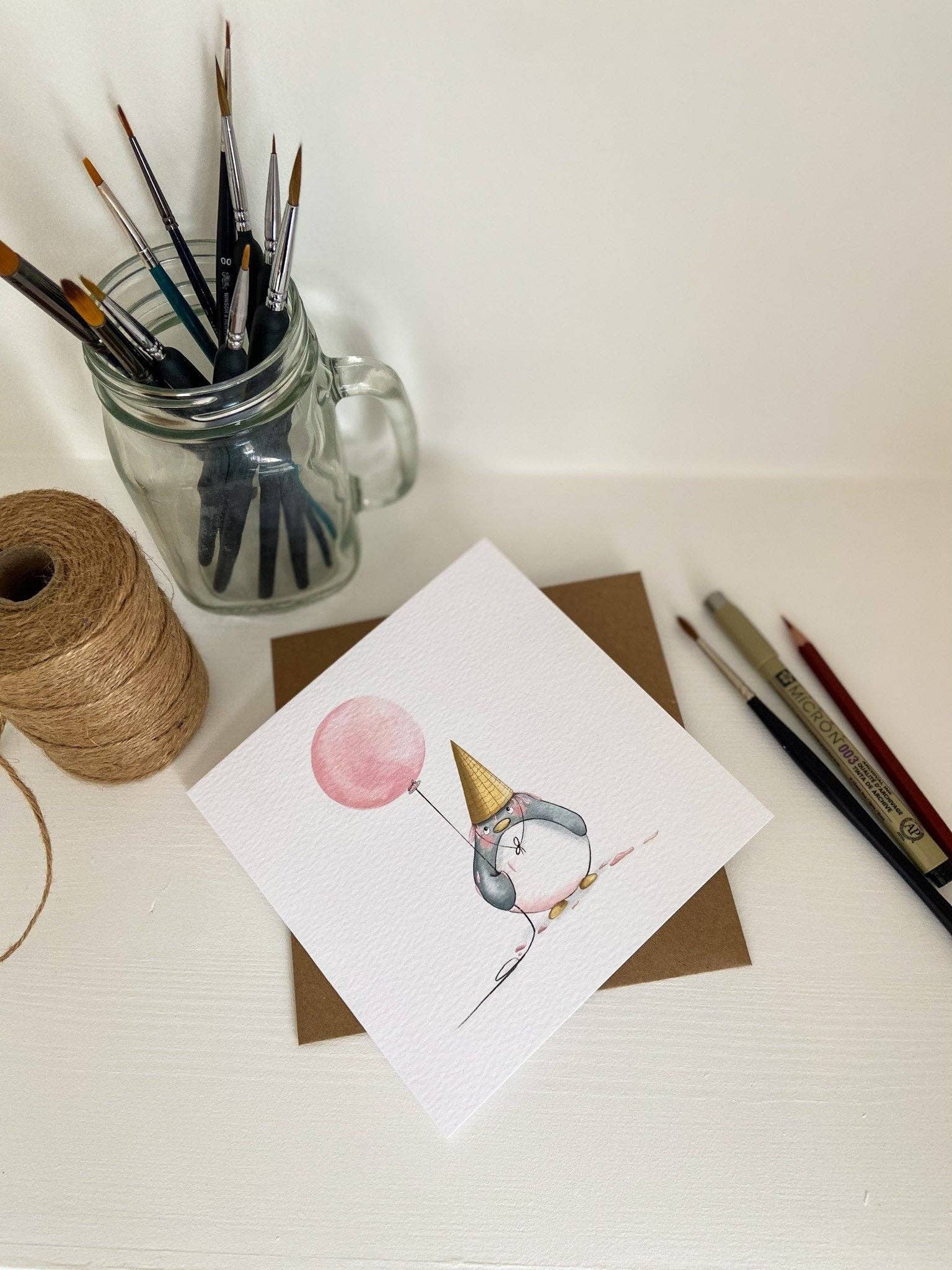 PrettyLittleScribbles - Wholesale Everyday Greeting Card - Penguin & Pink Balloon Card2