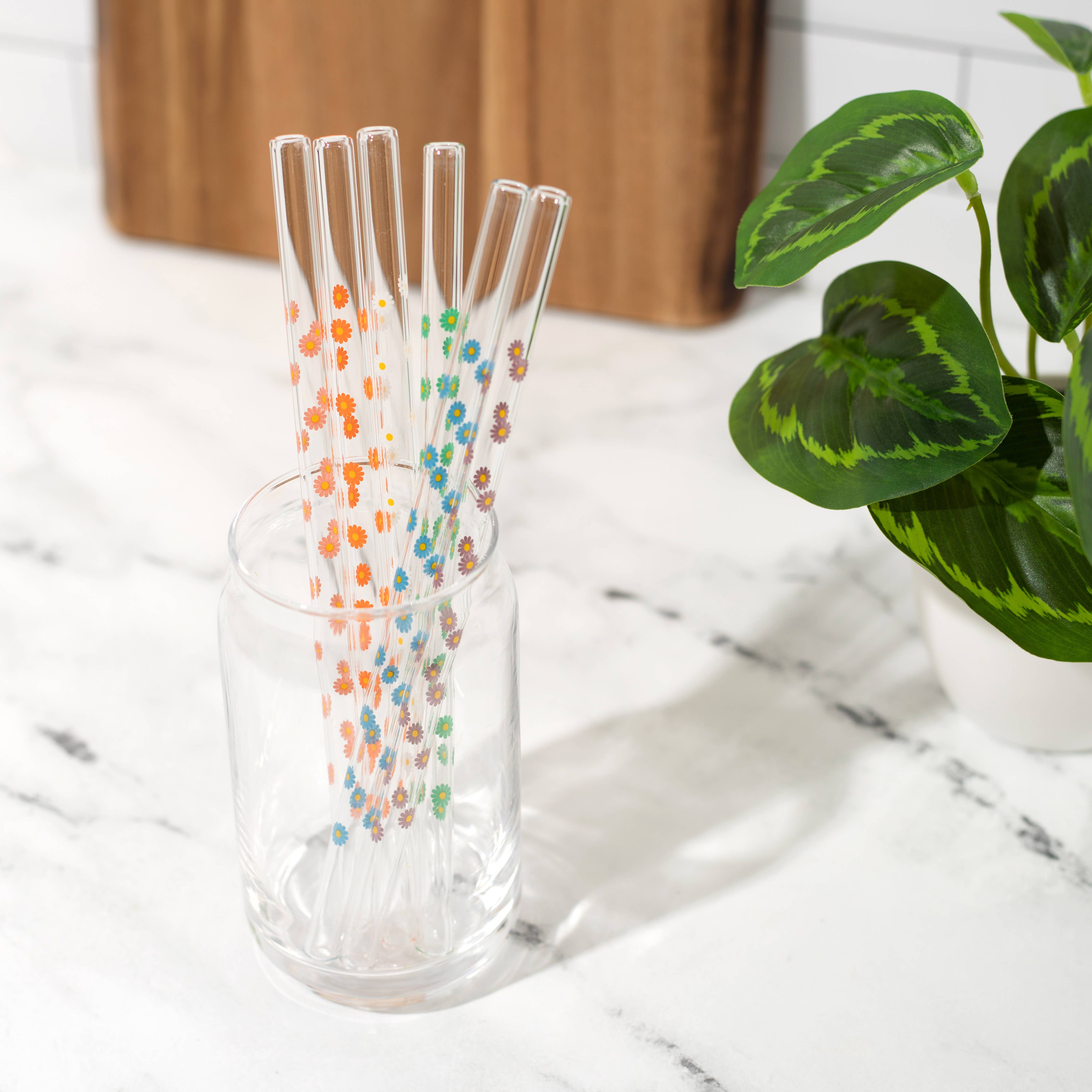 Bodhi Life Design – Großhandel Trinkhalm – Süßes Blumen-Glasstrohhalm-Set mit 6 wiederverwendbaren Gänseblümchen6