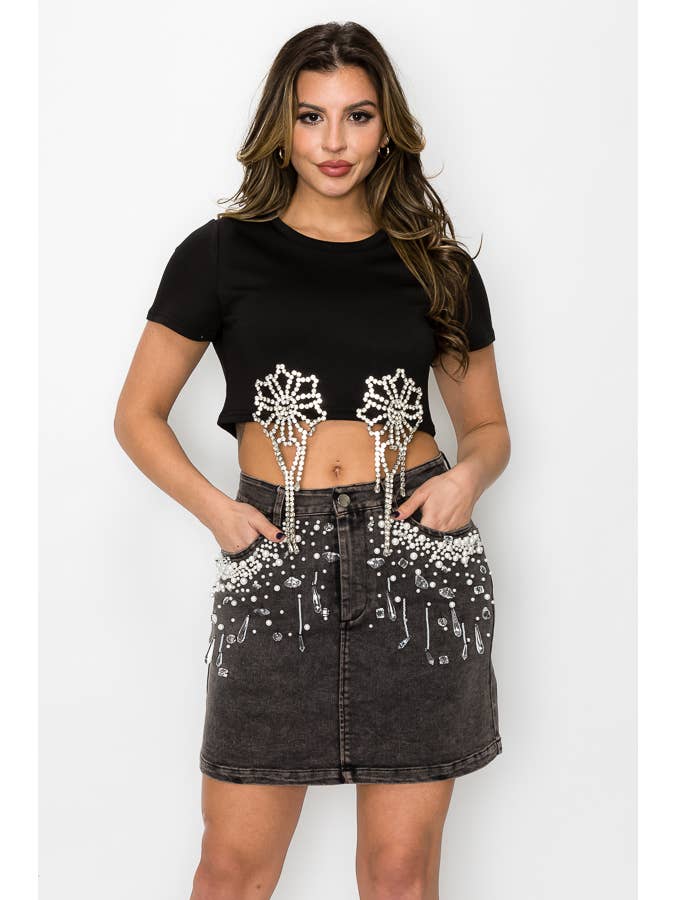SALT - Wholesale Skirt - Women's - (SK1947) Denim Skirts with Pearls and Crystals (3 colors)