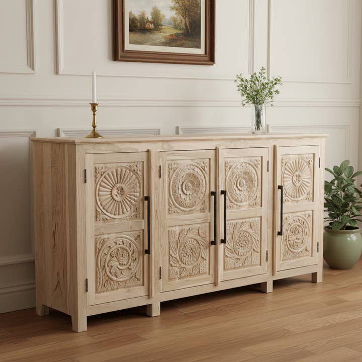 HomeRoots - Wholesale Sideboard - 74" Natural Distressed Solid Wood Carved Floral Sideboard with Four Doors1