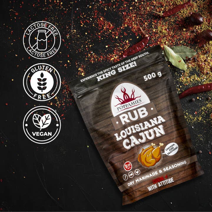 Lukata LTD – wholesale Rub – Poppamies Louisiana Cajun BBQ Rub - 100% Naturlig BBQ-krydda - Torr marinad & kryddor. Särskilt lämplig för kyckling och skaldjur - Utmärkt i grill, ugn, broiler och panna - Stor förpackning (500g)2