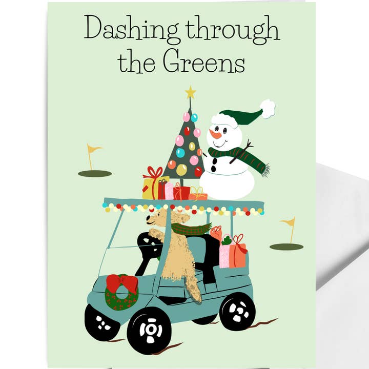 Dashing Through the Greens Dog Snowman Golf Cart Holiday Greeting Card for wholesale by Sweet Sketches