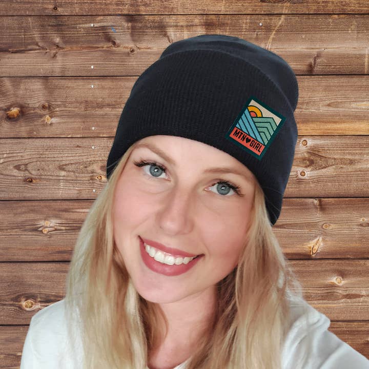 Rib Knit Beanie Hat- Adult- Mountain Girl Woven Patch Hat for wholesale by Spruce Seed