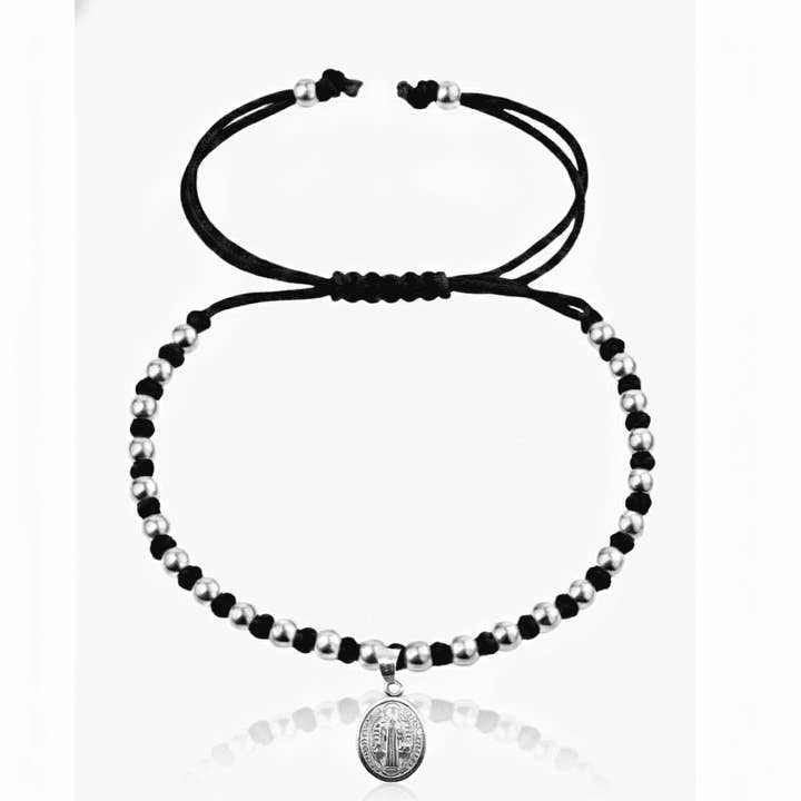 Zilveren St. Benedictus Medaille Zegen Armband – Zwart Koord 7,5" voor wholesale door Guadalupe Gifts