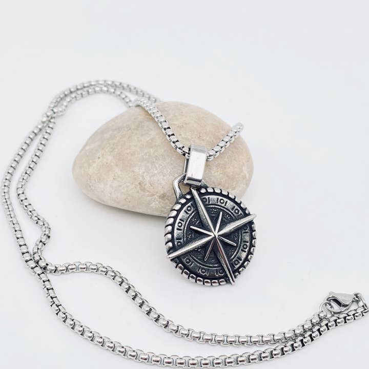 Mio Queena - Wholesale Pendant/Charm Necklace - Stainless Steel Navigator Cross Compass Charm Necklace - MNP