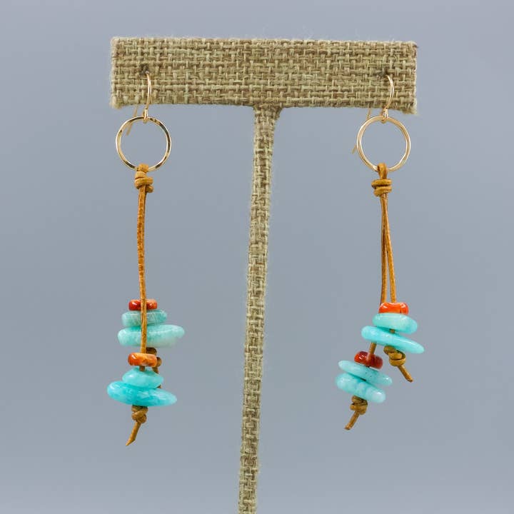 The Stitch Alliance - Wholesale Dangle Earrings - Amazonite Leather Fringe Earrings | Gold Fill | Handmade USA1