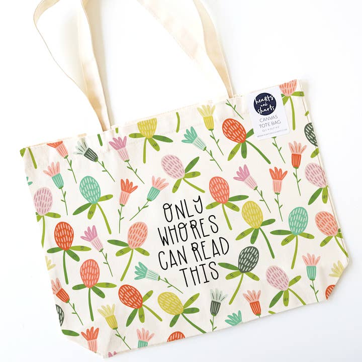 Sac en toile de coton écologique à motif floral READ THIS, durable, pour la vente par Hearts and Sharts