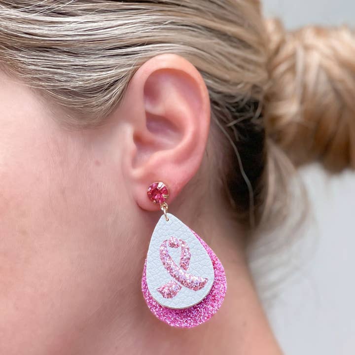 Prep Obsessed Wholesale - Wholesale Dangle Earrings - Glitter Breast Cancer Ribbon Guitar Pick Dangle Earrings