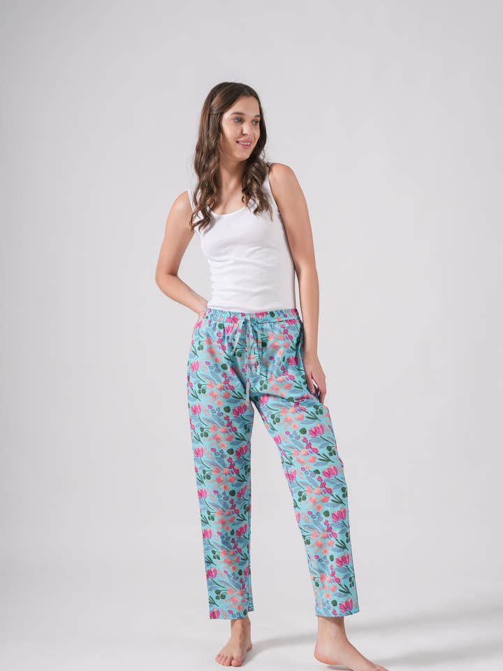 Pajama Bottoms, 100 Cotton, Lounge Sleepwear - Floral Azure for wholesale by Zillajee