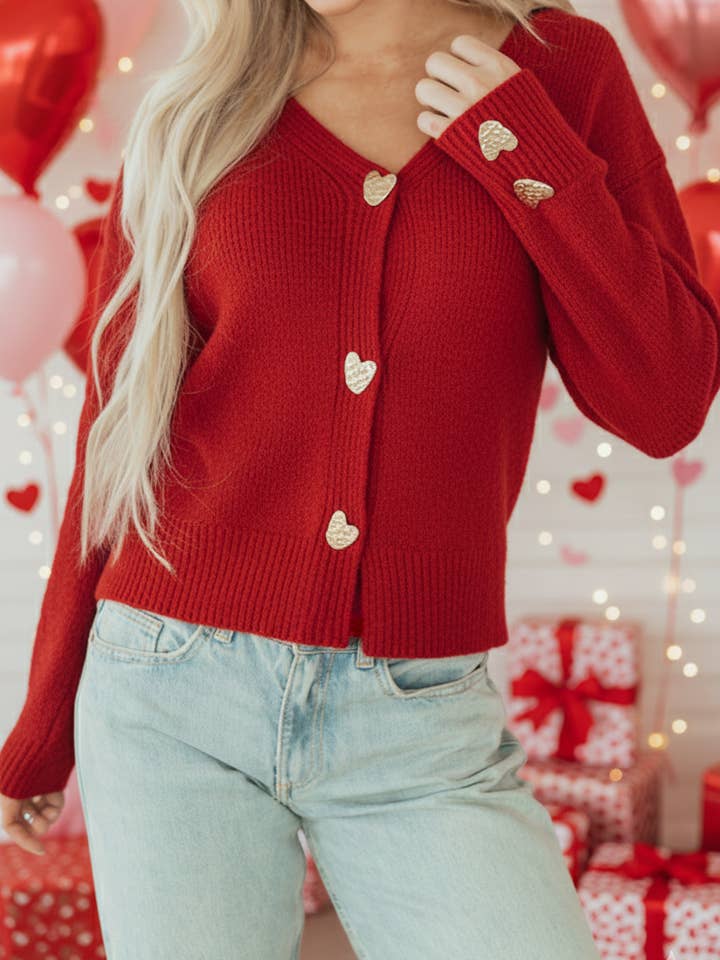 Heart Metal Button V Neck Cardigan Sweater for wholesale by Crossed Arrows Clothing Wholesale co.