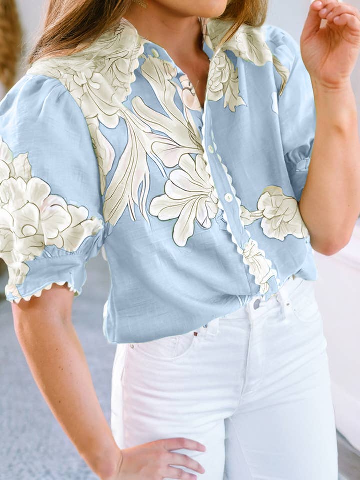 Little Daisy Closet - Wholesale Button Down Shirt - Women's - LDC Floral Ric Rac Edge Puff Sleeve Button Up Summer Shirt