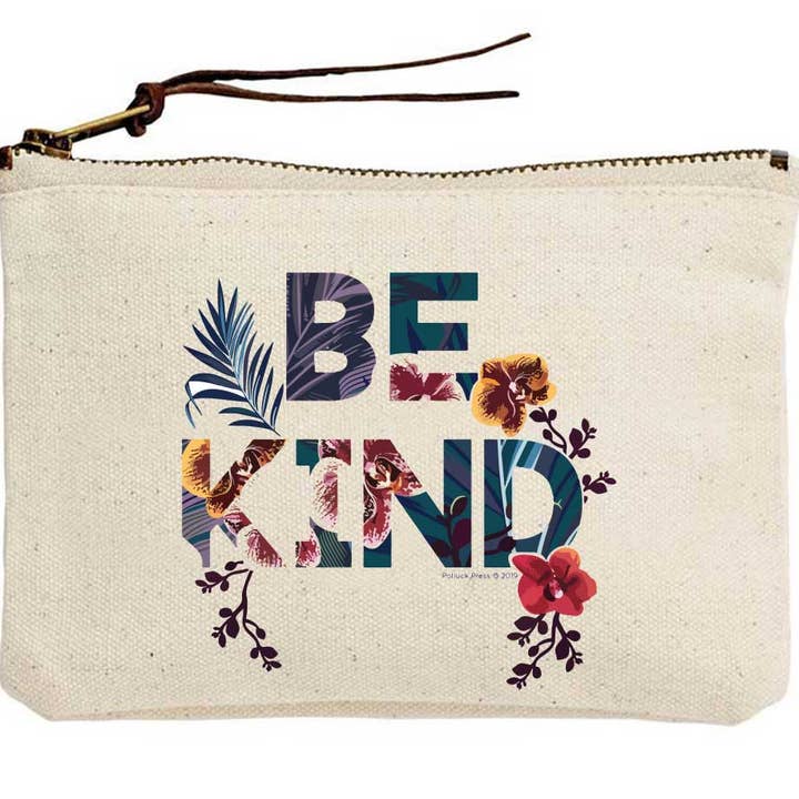 Be Kind Floral Canvas Pouch for wholesale by Potluck Press