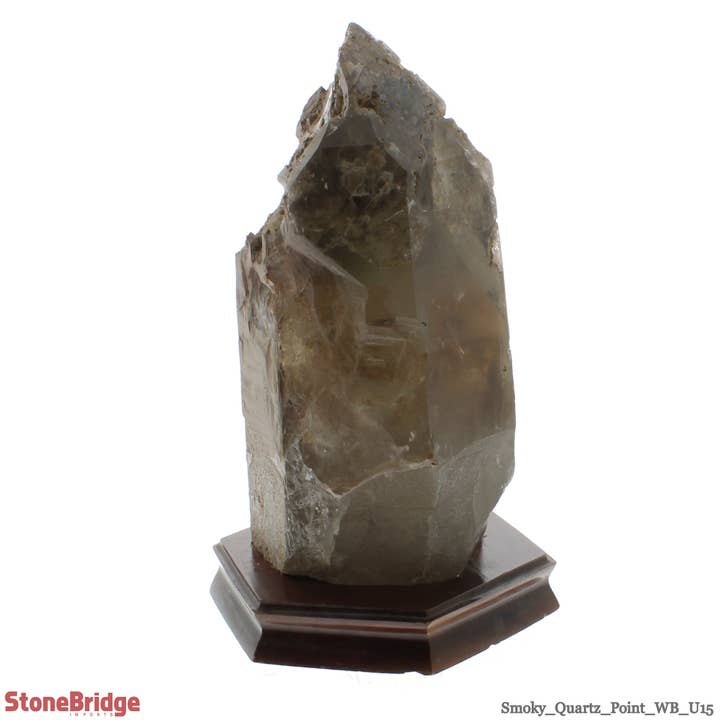 Smoky Quartz Point On Wood Base U#15 - 12 3/4" for wholesale by Stonebridge Imports