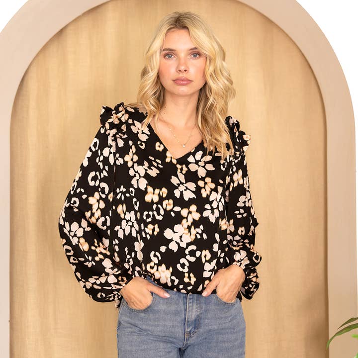 Floral Ruffle V-Neck Blouse for wholesale by Les Amis