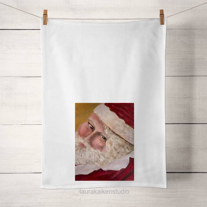 Laura K Aiken Studio - Wholesale Tea Towel - Holiday Cheerful Red Santa Claus Design Tea Towel0