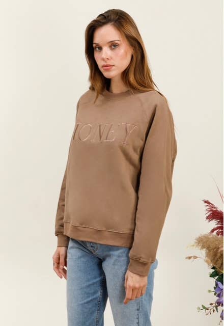 MOOYA - Wholesale Sweatshirt - Women's - Plain cotton sweatshirt with round neck embroidery HONEY - M2199
