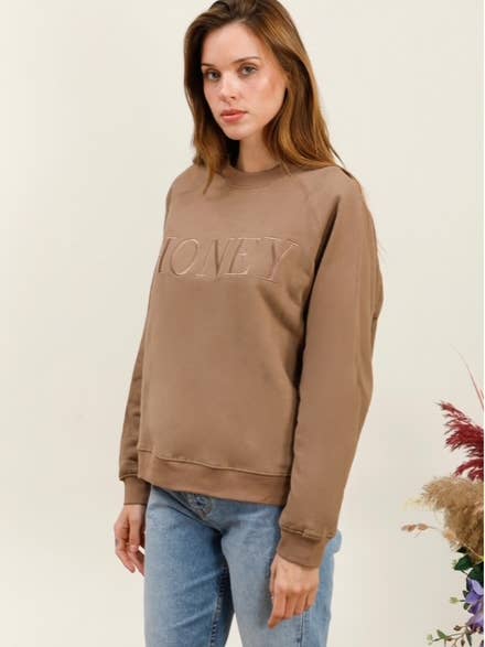 MOOYA - Wholesale Sweatshirt - Women's - Plain cotton sweatshirt with round neck embroidery HONEY - M2199