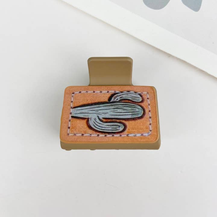 mildstyles - Wholesale Hair Clip - Women's - Western cowboy cacti PU leather square hair claw clip