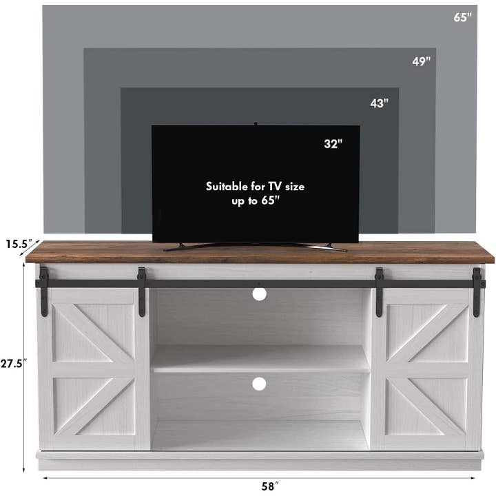 Bright White 65 Inch Farmhouse TV Stand With Sliding Barn Doors for wholesale on Faire4