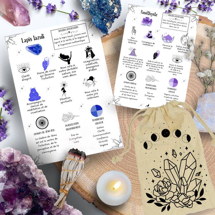 100 lithotherapy cards in a cotton pouch for wholesale by Les Moonettes