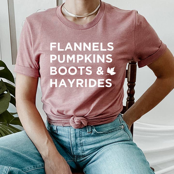 Zoe Creative Co - Vendita all'ingrosso Maglietta serigrafata - Donna - Flannels Pumpkins Boots Hayrides T-Shirt Autunno Camicia Ottobre7