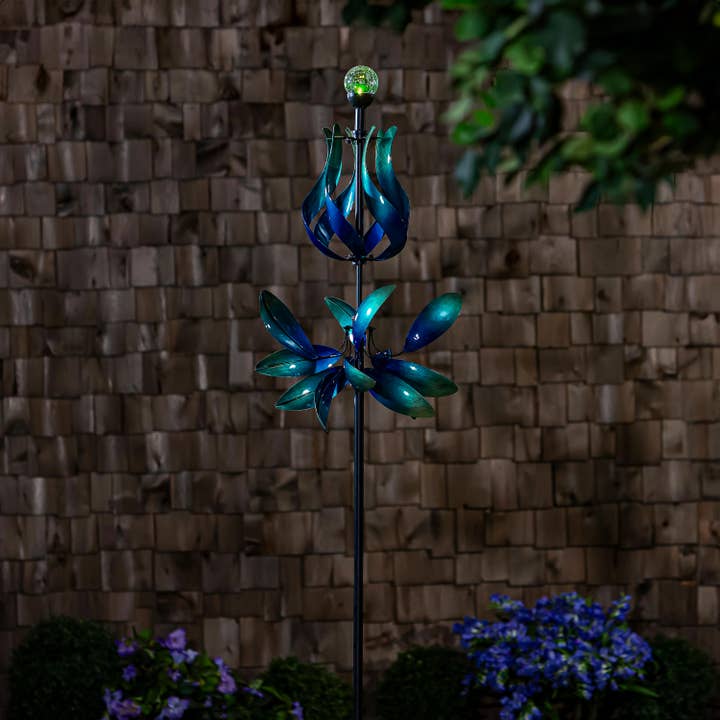 Solar Metal Wind Spinner, Blue & Teal Floral Gradient, 82"H for wholesale by Evergreen Enterprises