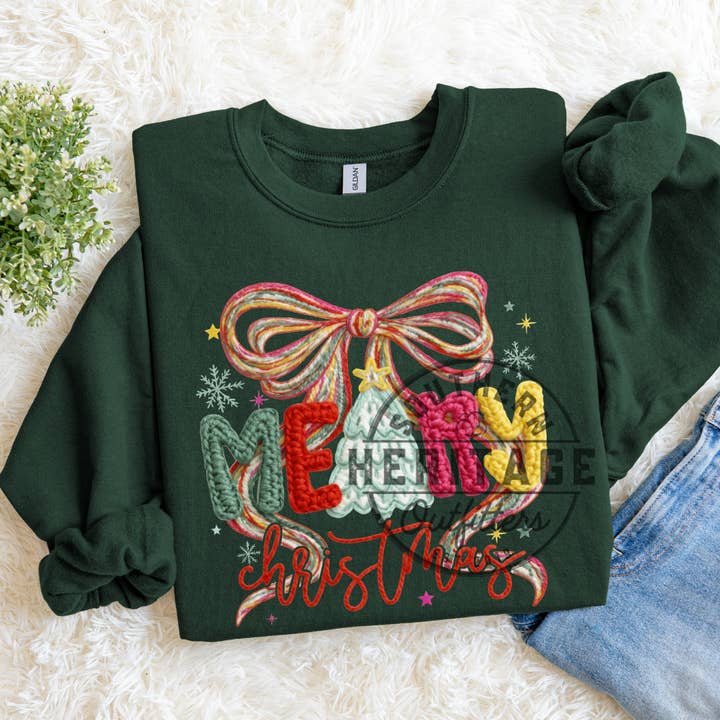 Faux Knit Merry Christmas Bow – Gildan Crewneck Sweatshirt for wholesale by Southern Heritage Outfitters