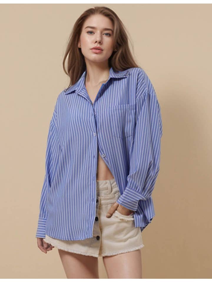 Sweetkama - Wholesale Button Down Shirt - Women's - Ladies Striped Color Block Button Down Shirt 8SKT511614