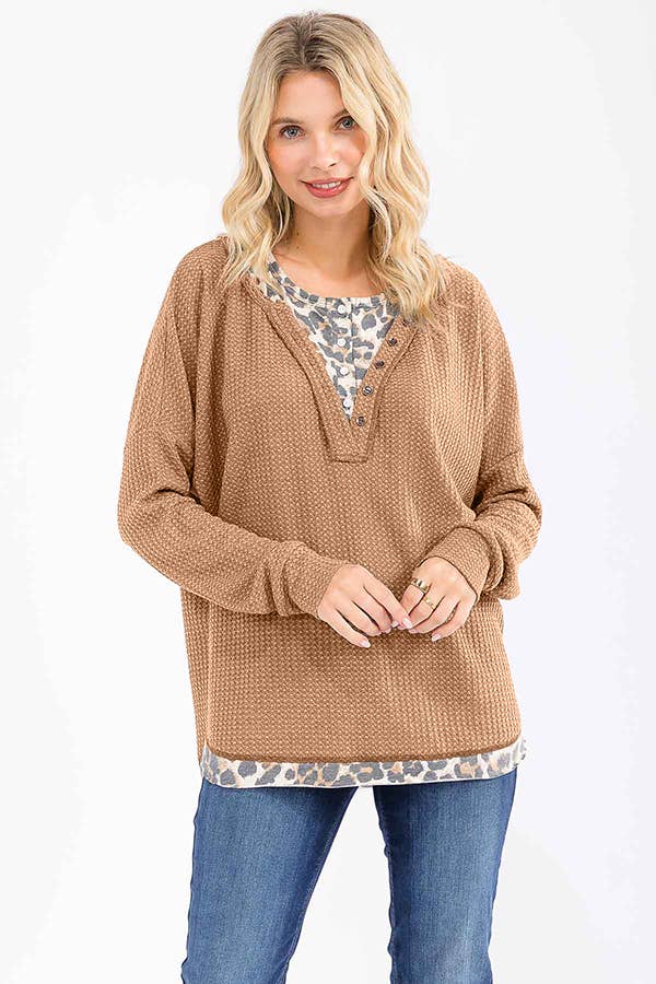 7th Ray - Wholesale Knit Top - Women's - Leopard Print Double layered Henley Top T60789