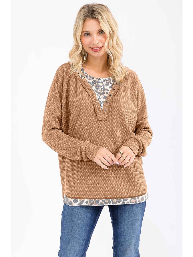 7th Ray - Wholesale Knit Top - Women's - Leopard Print Double layered Henley Top T60789