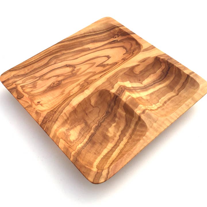 3-compartment square olive wood serving plate for wholesale by medina mood