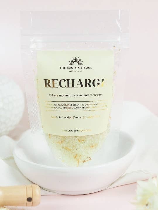 Recharge Luxury Soak Himalayan Bath Salts Gift⎜Citrus Scent for wholesale by The Sun & My Soul Bath Bomb Soak Wellness Gifts
