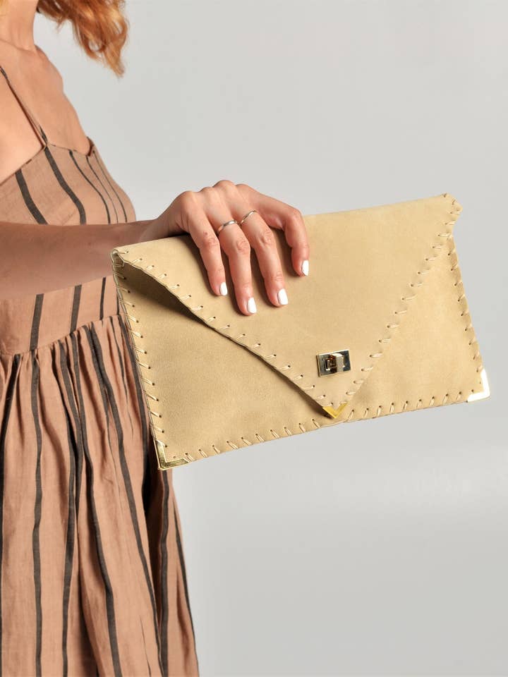 Symmetria soft clutch in beige for wholesale by ANA KOUTSI