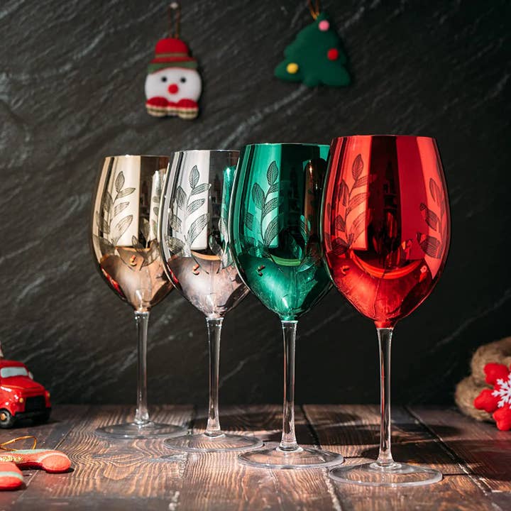 The Wine Savant / Khen Glassware - Wholesale Wine Glass - Etched Multicolor Christmas Stemmed Wine Glasses Set of 4 -