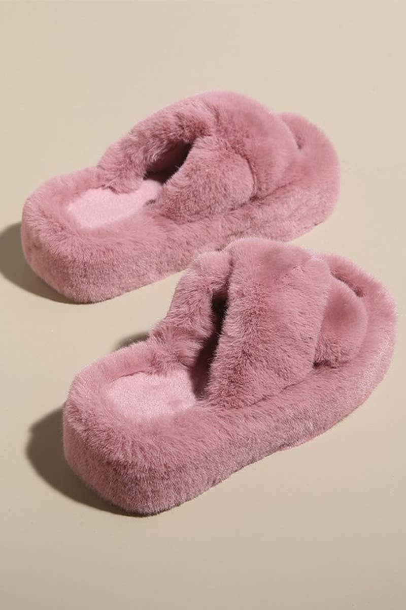 ACCITY - Wholesale Slippers - Women's - CROSS STRAP FLUFFY BEDROOM SLIPPERS_CWSHS02265