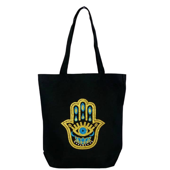 Karens Line - Wholesale Tote Bag - Women's - Canvas Tote Bags Glitter Hamsa Hand or Hands of Fatima