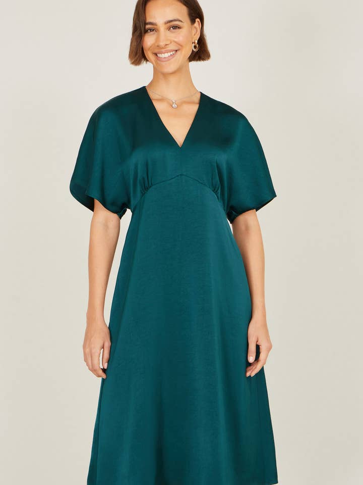 Yumi Green Satin Midi Kimono Dress for wholesale by Yumi