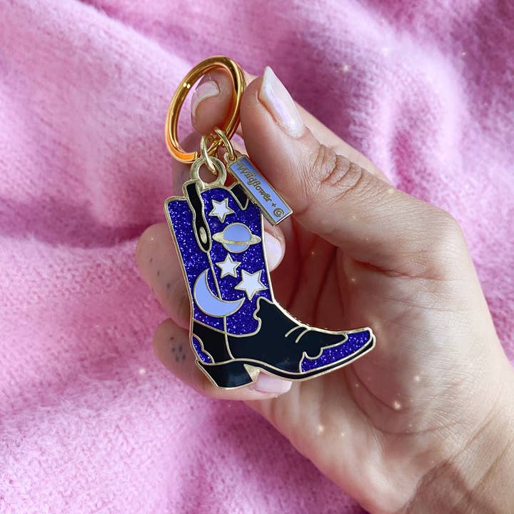 Celestial Cowgirl Boot Enamel Keychain for wholesale by Wildflower + Co.